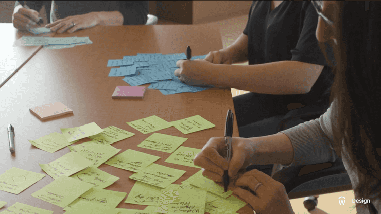 Photo of people writing ideas on sticky notes.